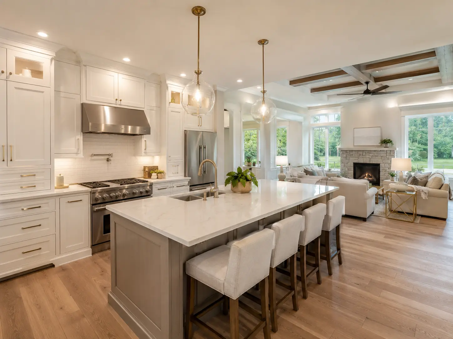 Open-concept kitchen and living area in a new construction home in New Hope PA with quartz island, custom cabinetry, and hardwood floors.
