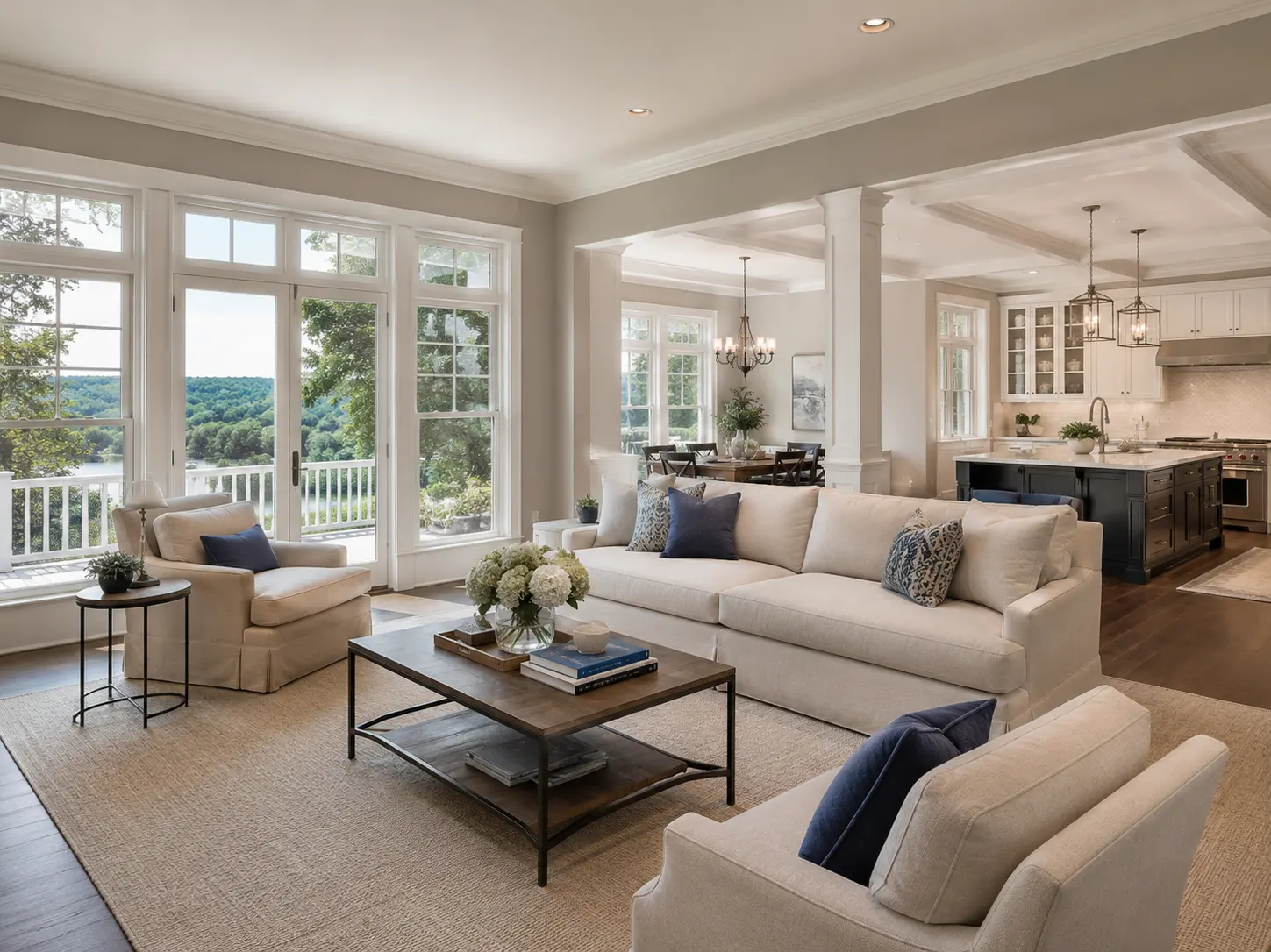 Bright open living room and kitchen interior in a New Hope PA home