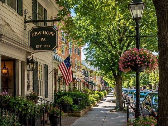 Downtown New Hope PA street scene with shops, flowers, and a charming small-town setting near local townhomes.