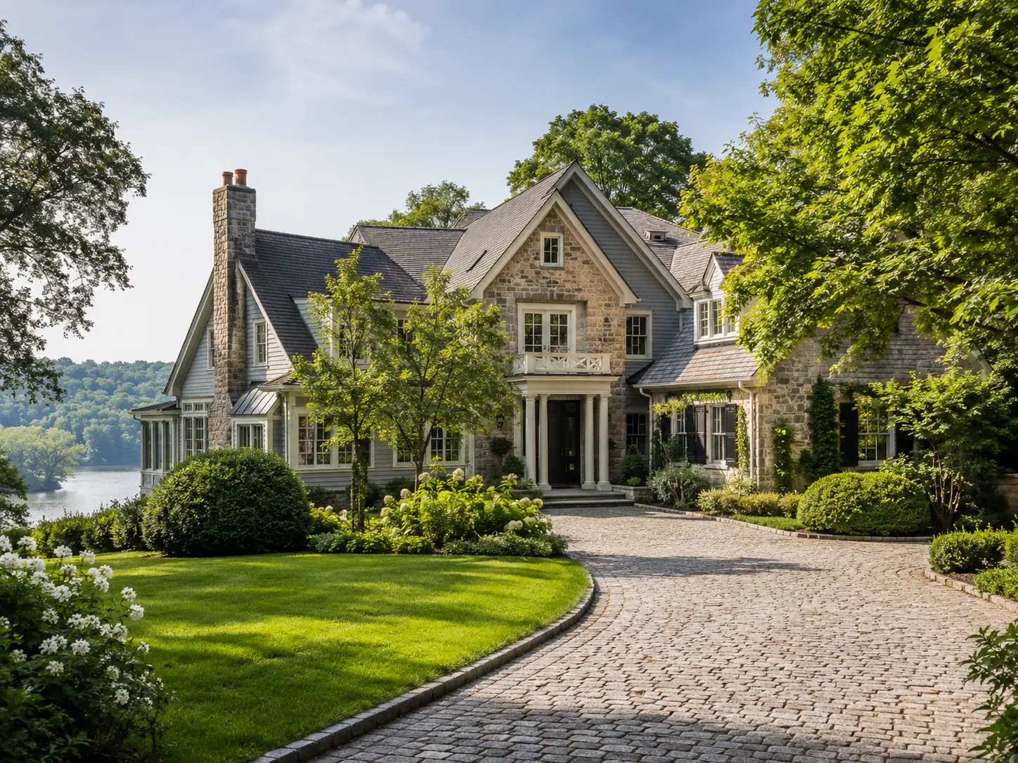 Luxury estate home in New Hope PA with stone exterior, landscaped grounds, and scenic Delaware River views