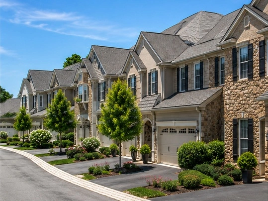Luxury townhomes in New Hope PA with stone exteriors, garages, manicured landscaping, and a quiet residential setting.