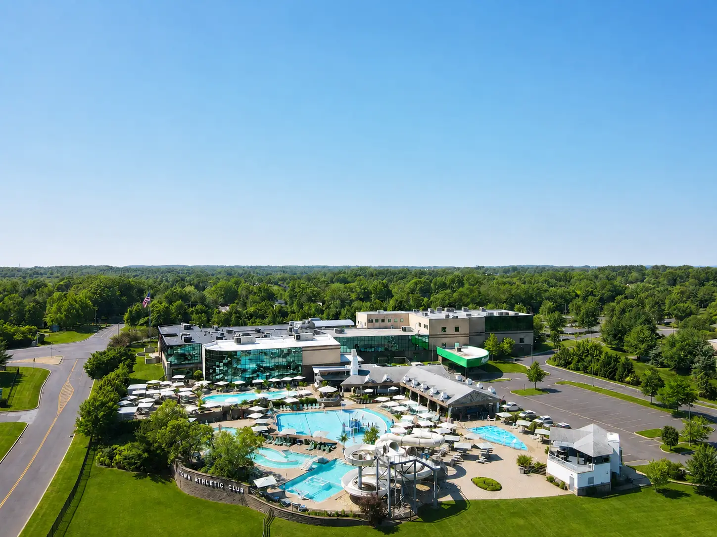 Aerial view of Newtown Athletic Club and its outdoor recreation facilities in Newtown, PA.