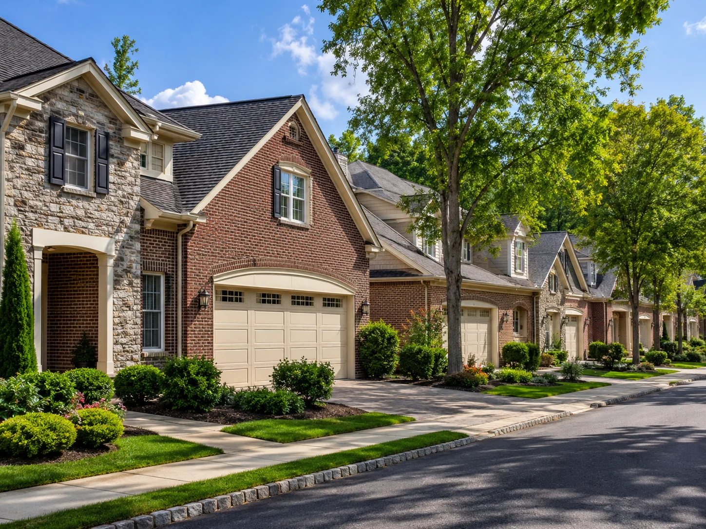Newtown PA 55+ townhomes with 2-car garages and landscaped streetscape