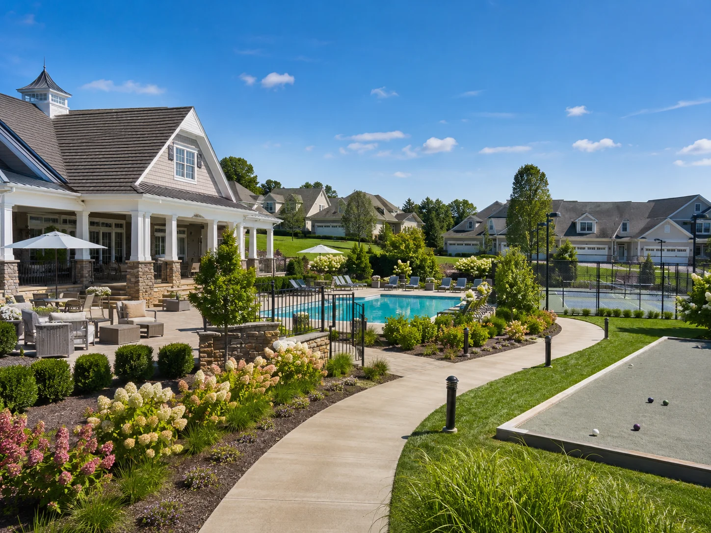 Newtown PA active adult community with clubhouse, pool and walking path