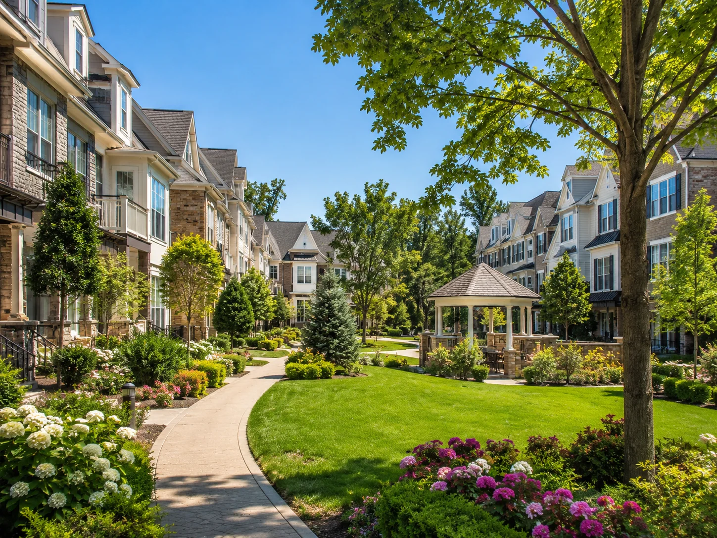 Landscaped Newtown townhome community with gazebo and walking paths