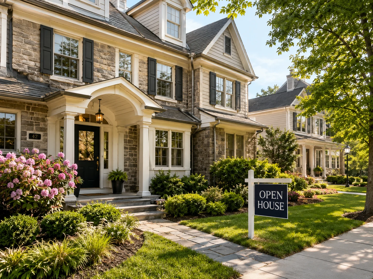 Open house at a stone-front home in Newtown PA with landscaped curb appeal