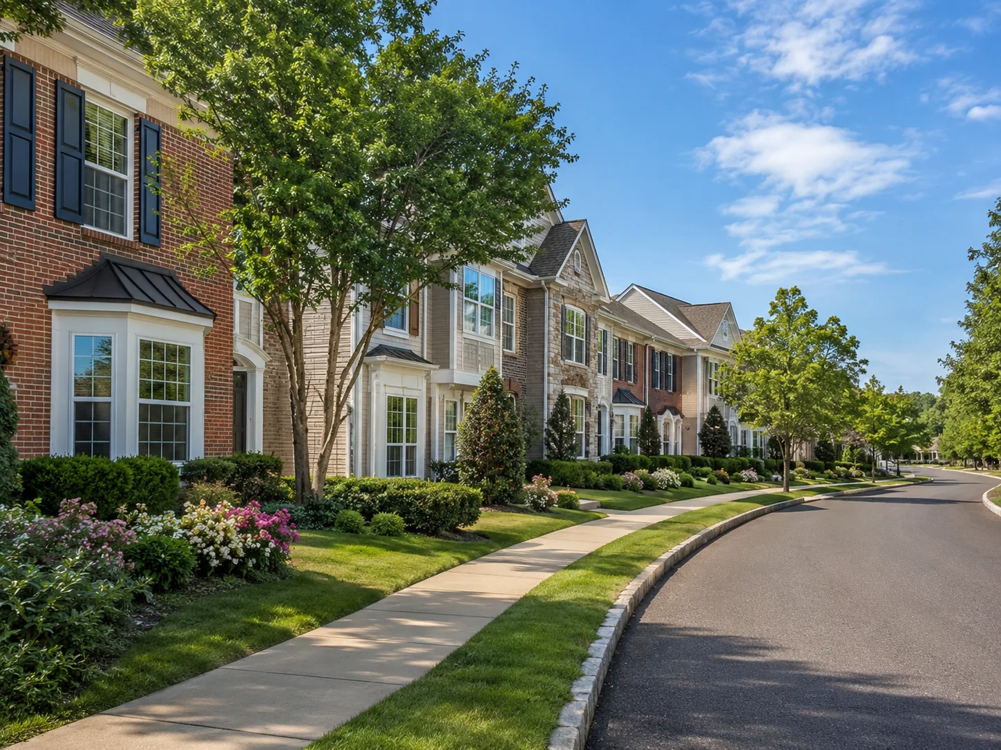 Upscale Newtown PA townhomes with sidewalks and landscaped streets
