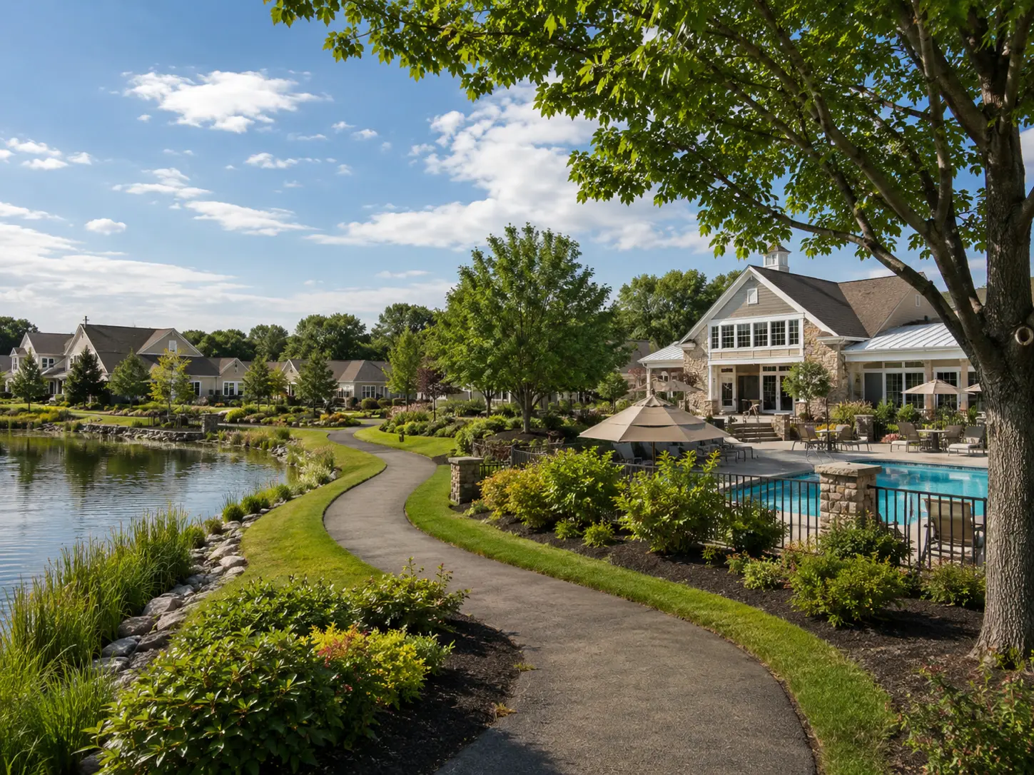 Richboro area 55+ community clubhouse with pool and landscaped grounds
