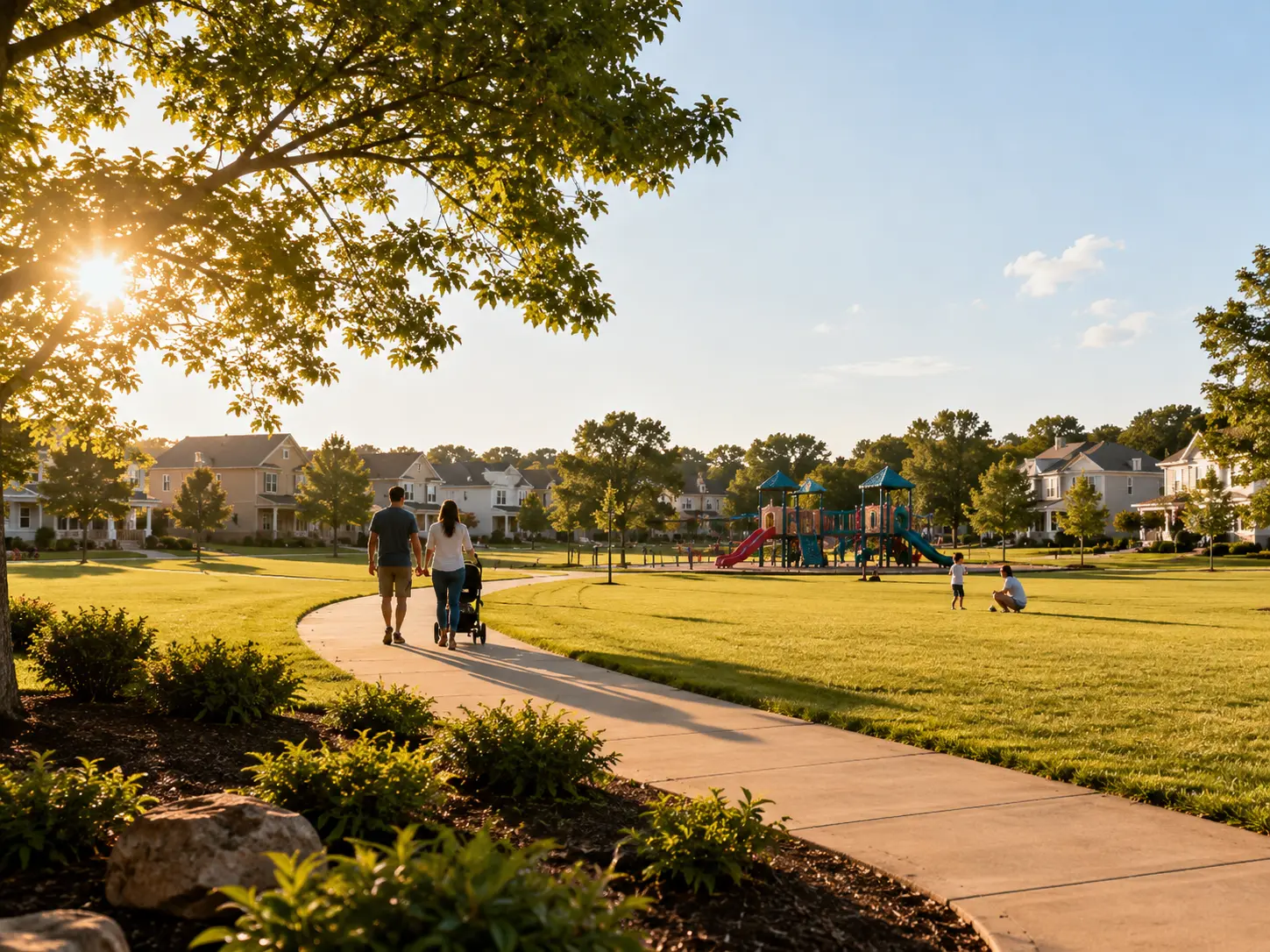 Neighborhood park with walking path, playground, and green space in Richboro, PA.