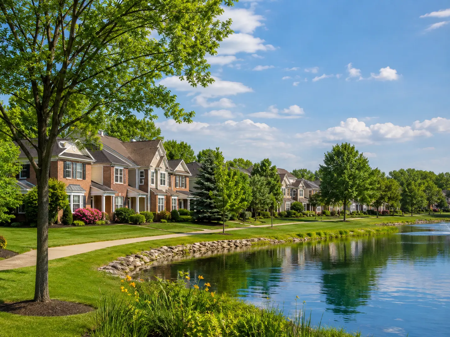 Richboro townhome community with pond and walking path