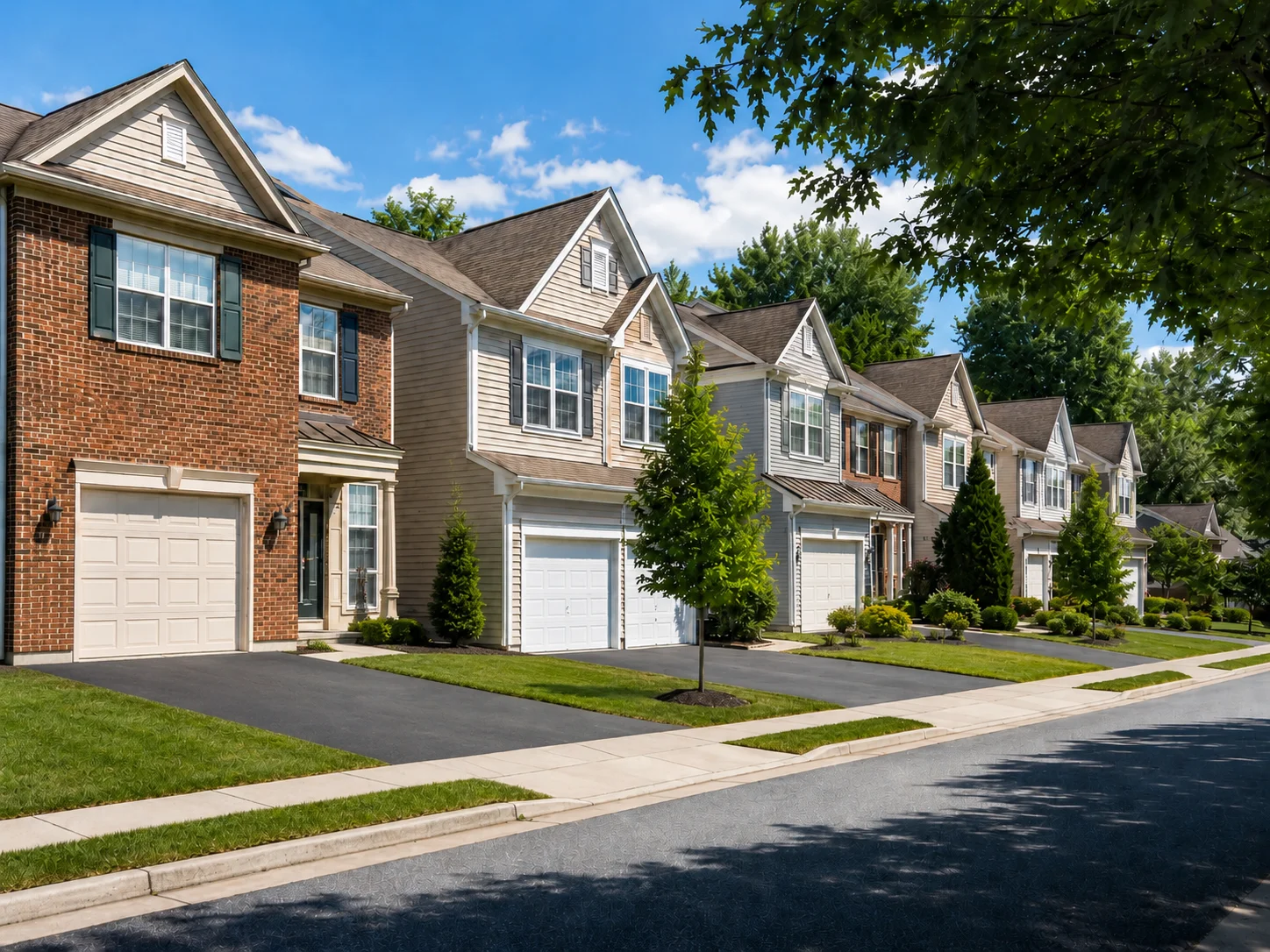 Townhomes on a sunny Richboro street with garages, driveways, and manicured landscaping