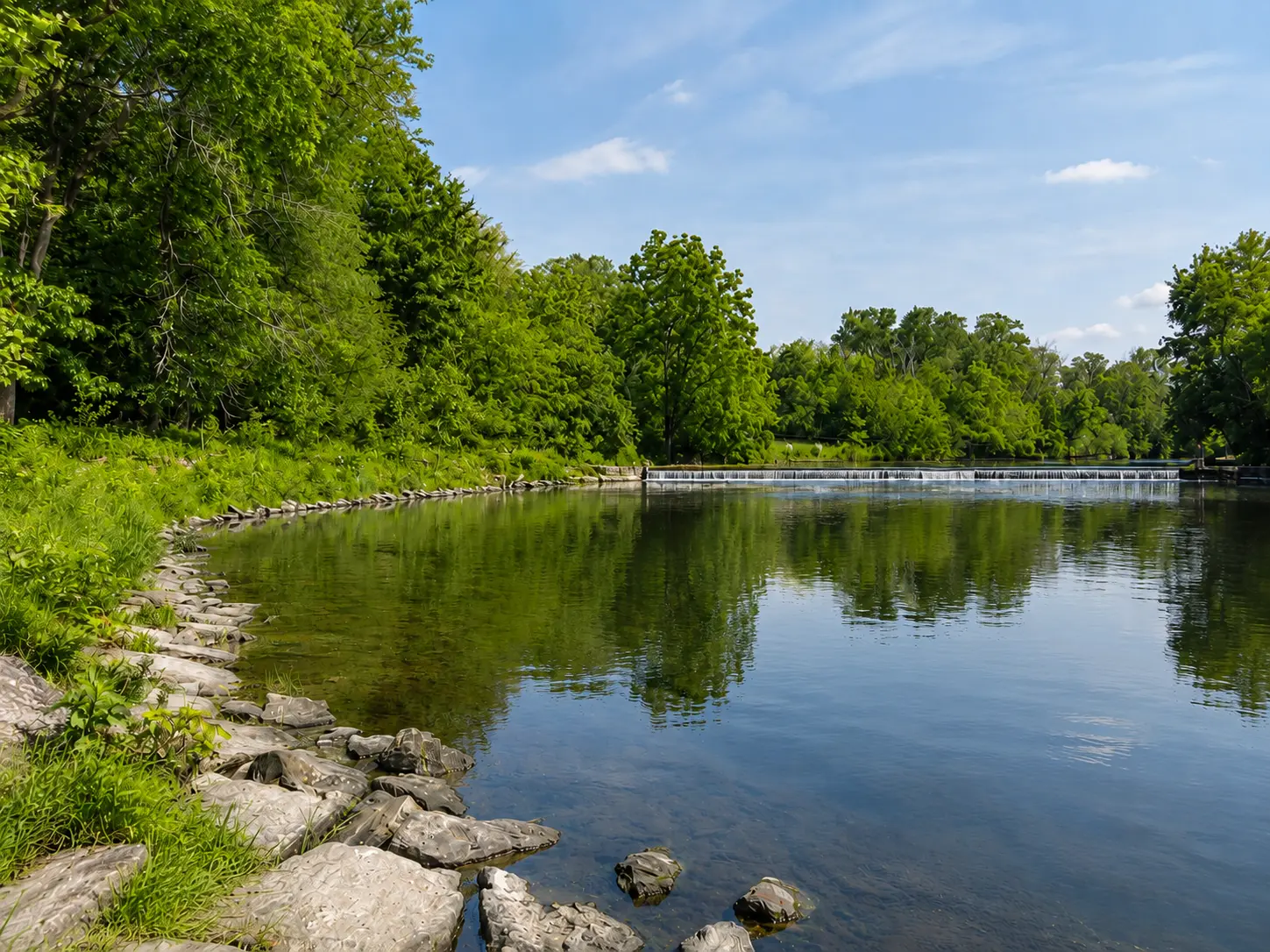 River and small waterfall at Tyler State Park in Newtown, PA.