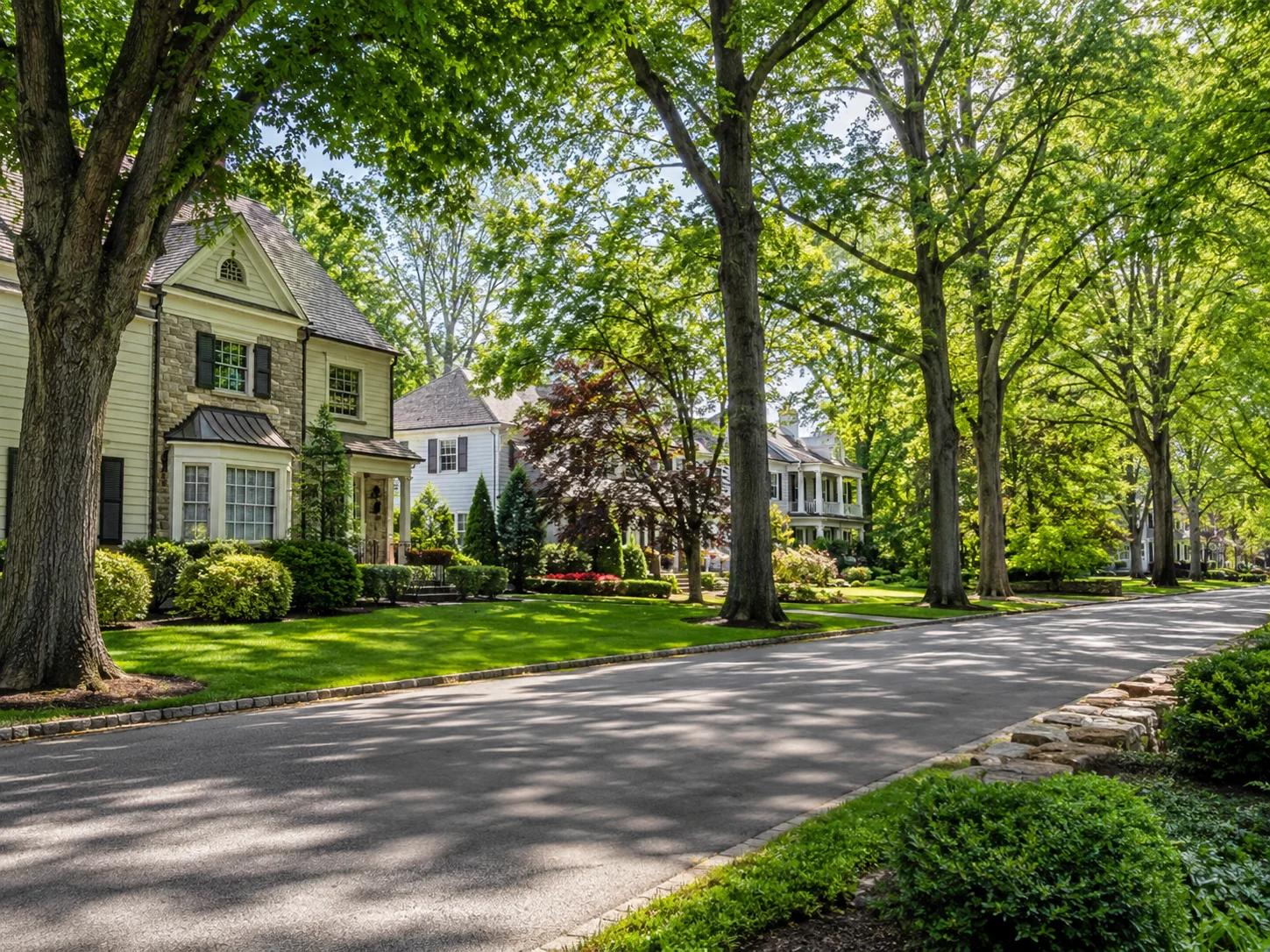 Tree-lined residential street with upscale homes in Upper Makefield Township