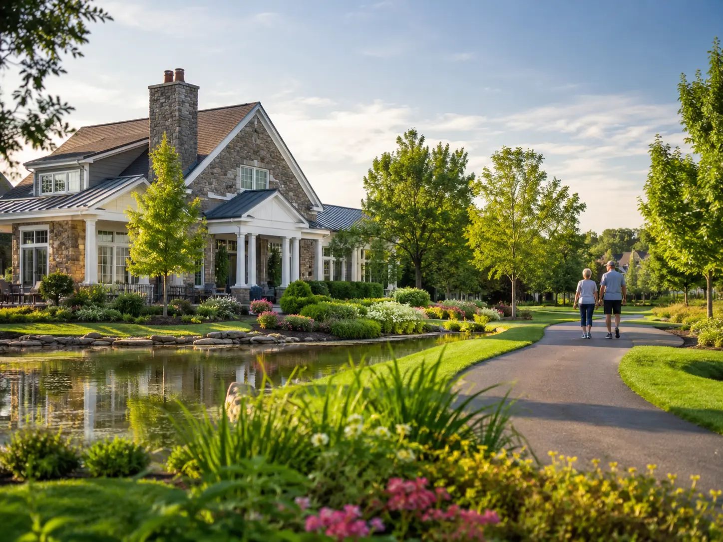 Warminster area 55+ community clubhouse with walking path and landscaped grounds