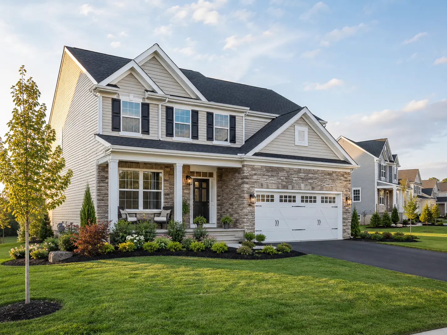 New construction single-family home with stone accents and landscaped front yard in Warminster PA