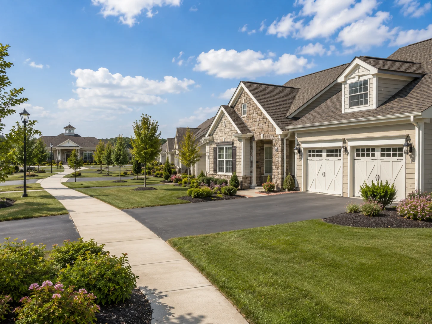 Active adult community in Warrington with townhomes and garages