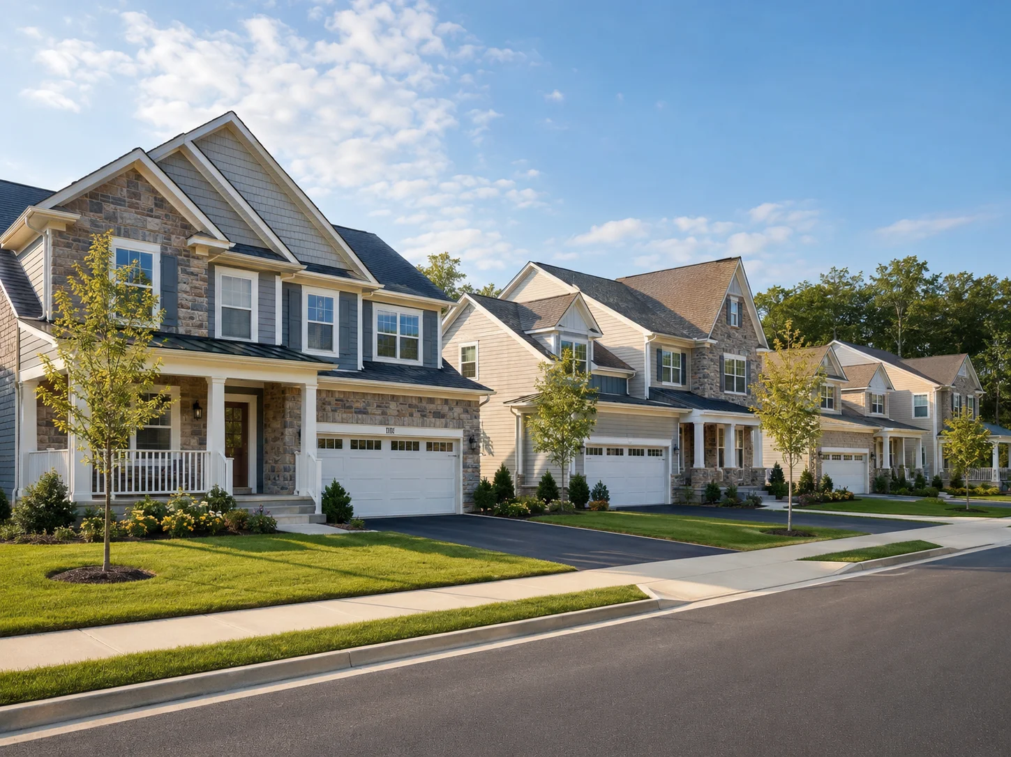 New construction homes in Warrington with stone fronts and landscaped lawns