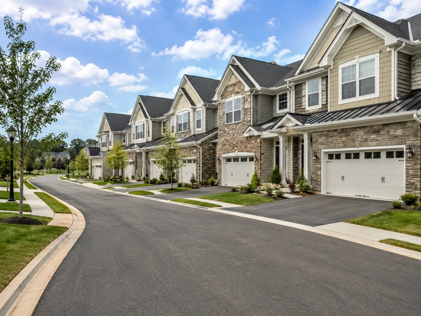 New construction homes in Warrington with stone fronts and landscaped lawns