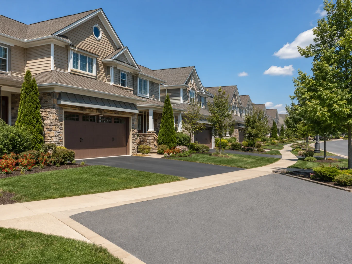 Low-maintenance Warrington townhomes with 2-car garages, walking path, landscaping, and greenery