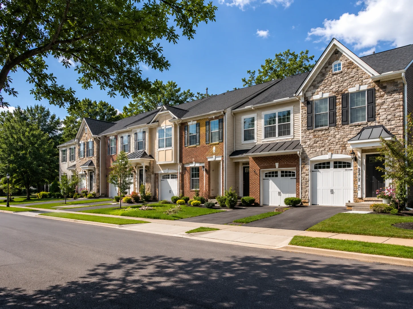 Row of Warrington PA townhomes with garages, sidewalks, mature trees, and landscaped front yards