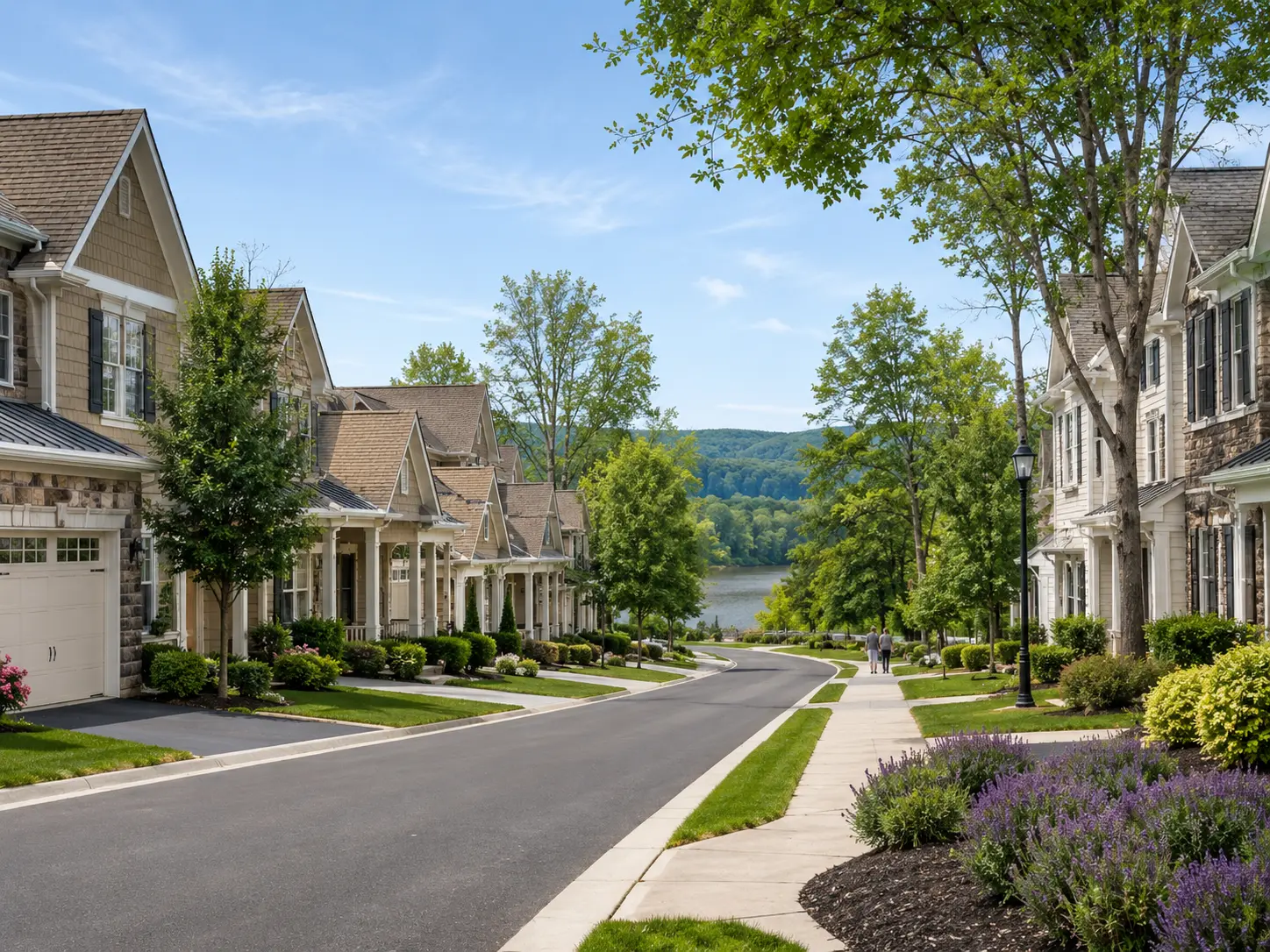 55+ homes in Washington Crossing with sidewalks, landscaping, and Delaware River scenery