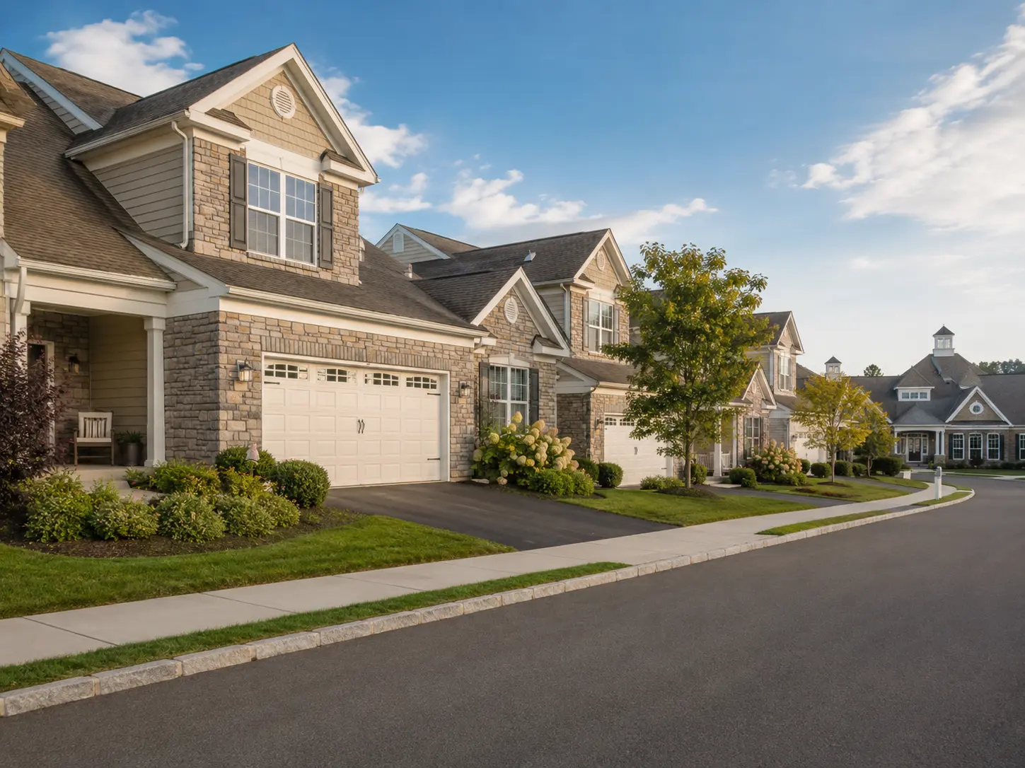 55+ carriage homes in Washington Crossing with garages, sidewalks and manicured landscaping