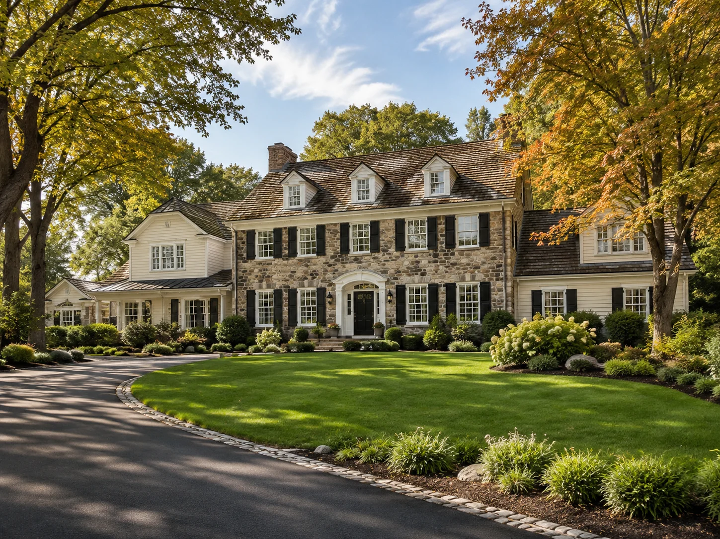 Elegant estate home in Washington Crossing with landscaped lawn and circular driveway