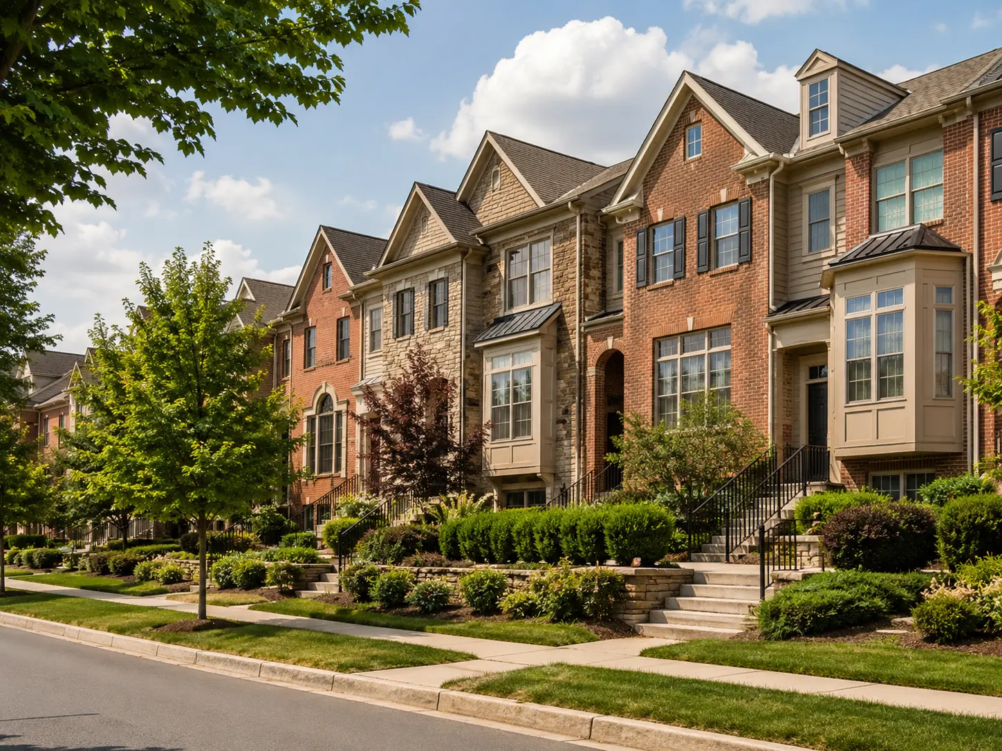 Washington Crossing townhomes with brick, stone, sidewalks and landscaped grounds