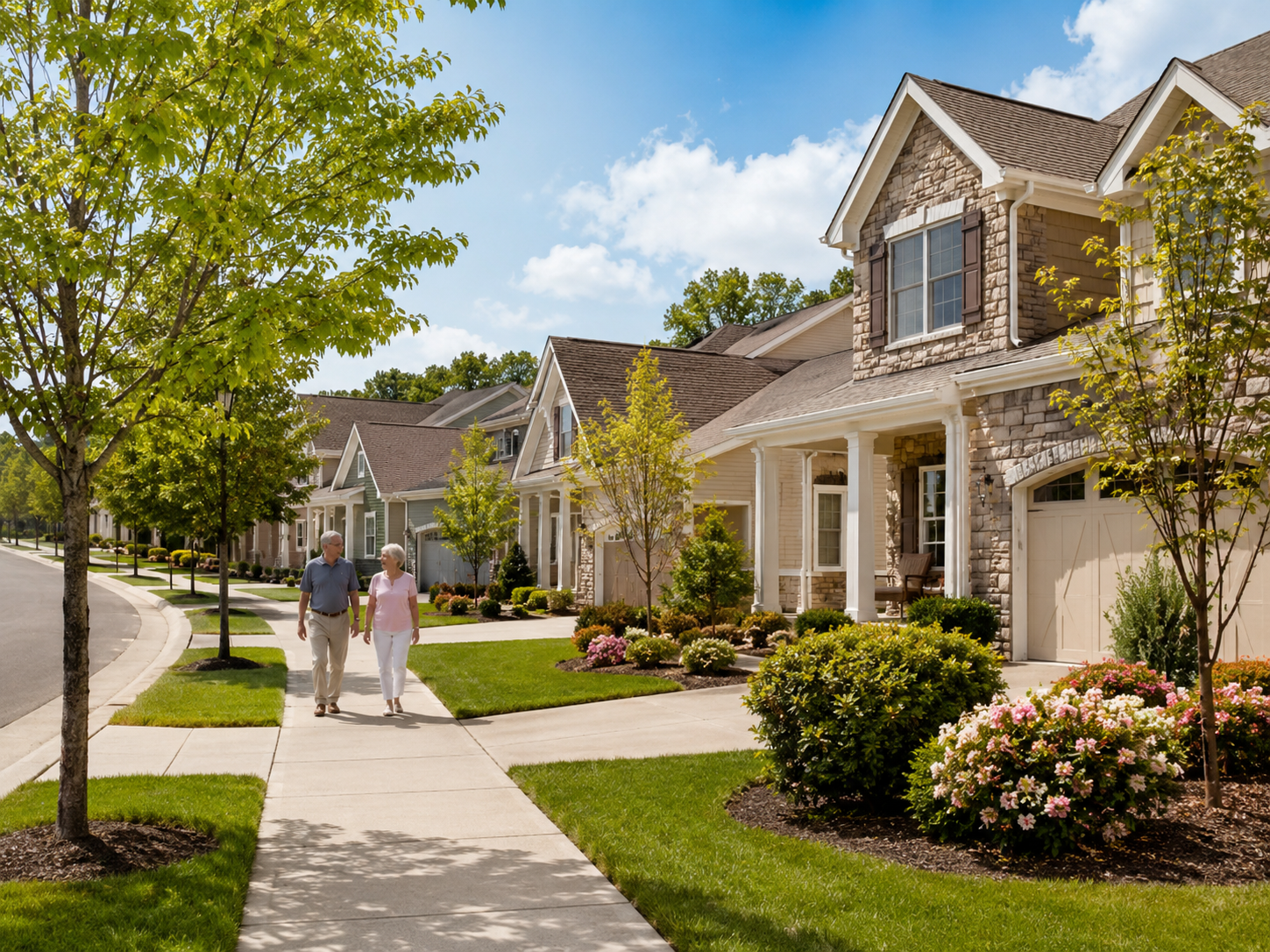Yardley 55+ clubhouse patio with homes and landscaped common areas