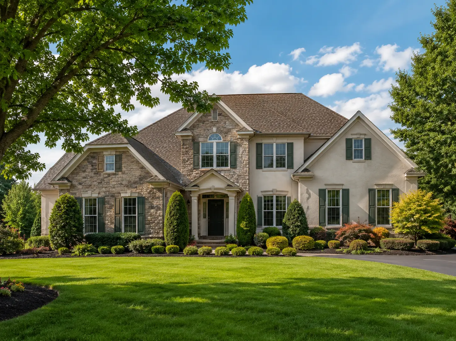 Elegant Lower Makefield home with manicured lawn on a sunny day