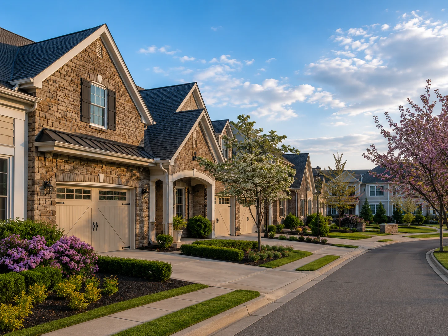 Upscale Yardley townhome community with garages, curb-cut driveways, lawns, and flowering trees