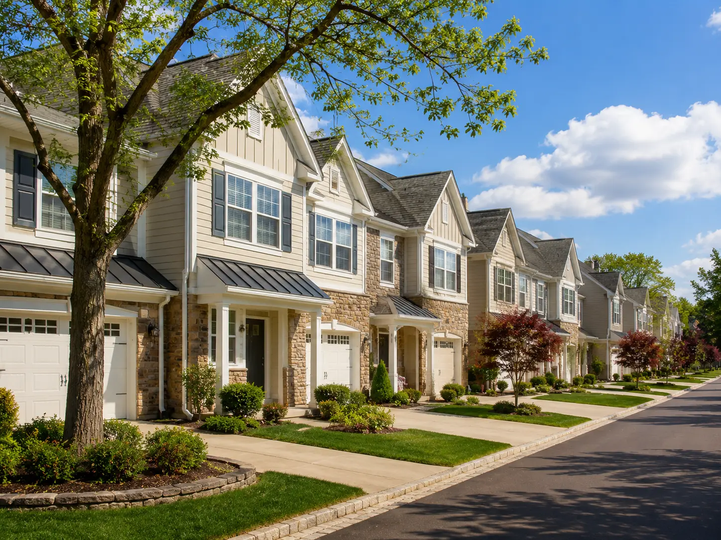 Landscaped townhome community with garages and sidewalks in Yardley PA