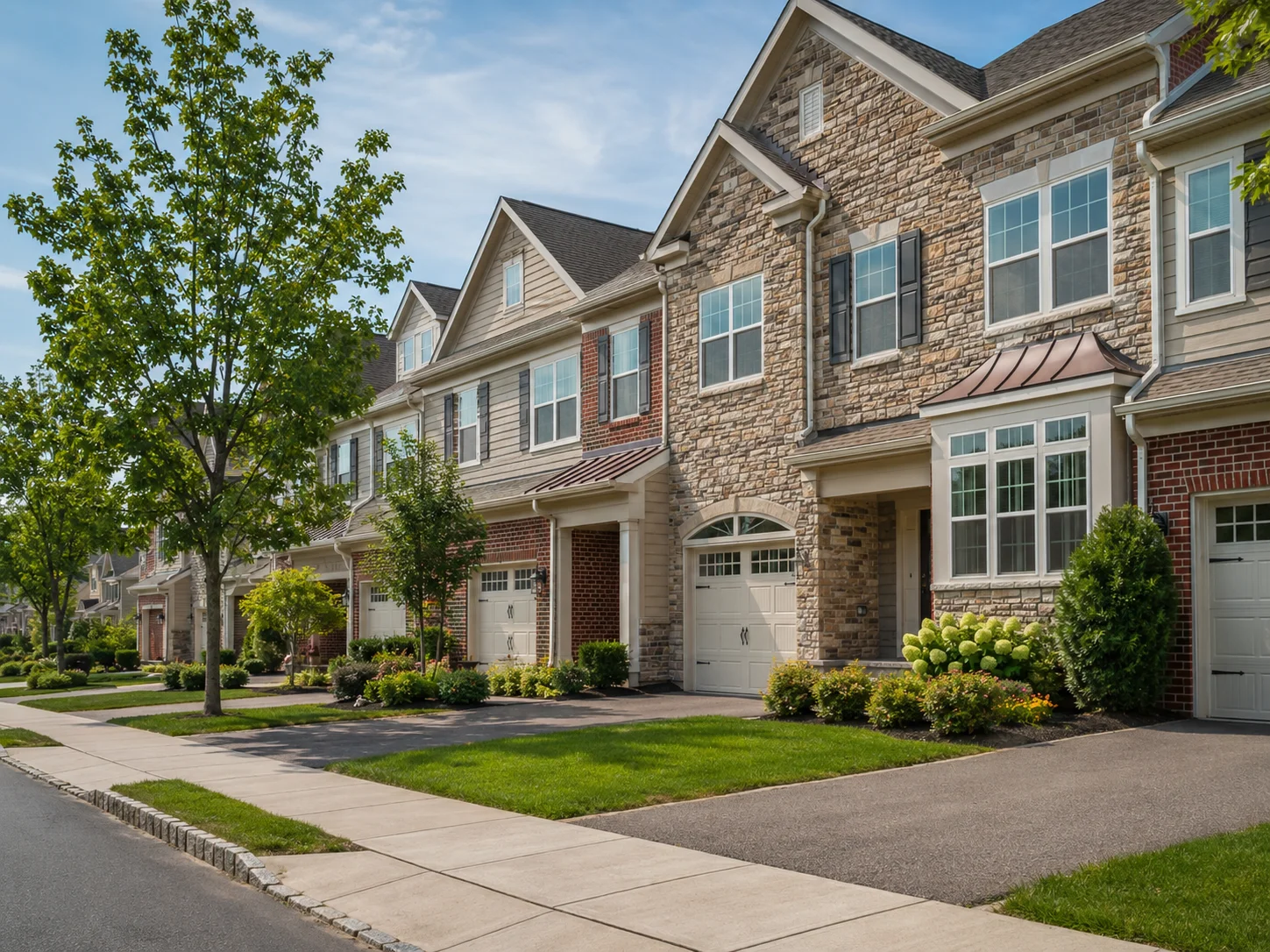Yardley townhomes with stone facades, garages, sidewalks, and manicured landscaping